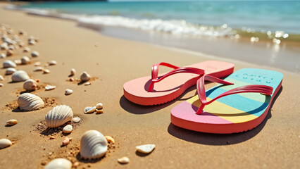 Obraz premium Flip-Flops and Seashells on Sandy Beach