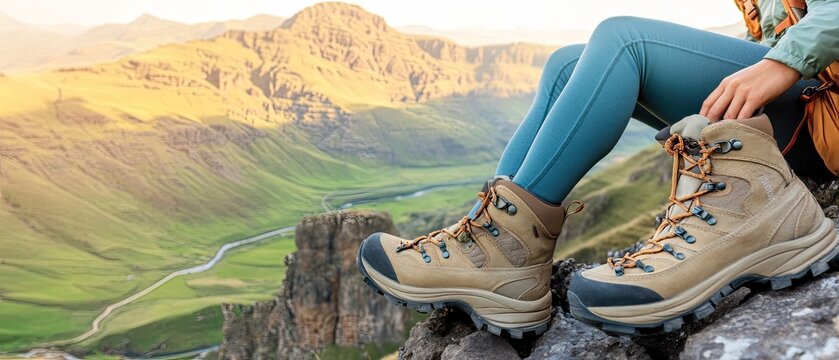 Hiking boots on a mountaintop vista.