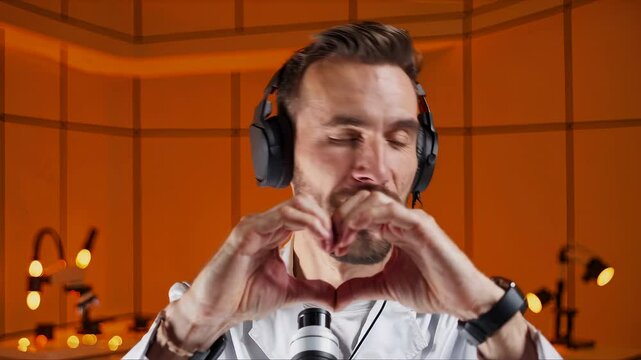 Male podcaster wearing headphones making heart gesture with hands while recording in modern studio