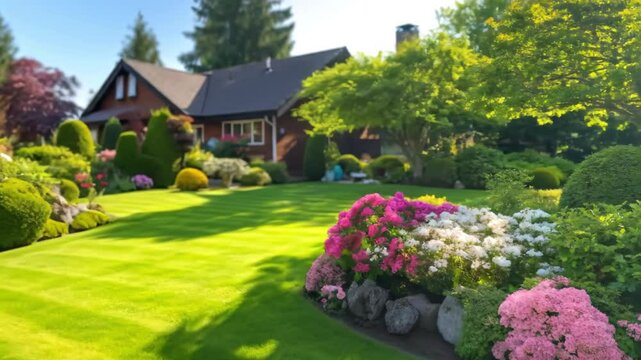 Beautiful Landscaped Garden Video Footage: Lush Green Lawn, Vibrant Flowers, Trees, and House on Sunny Summer Day. Perfect Backyard for Real Estate & Landscape Design Inspiration.