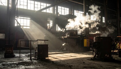 Light Beams Shine Through Industrial Workshop Windows and Machinery