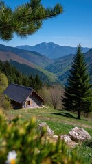 Fototapeta premium Quaint wooden cabin nestled among the lush green slopes of rolling hills, mountain peaks rising in the background beneath a bright blue sky