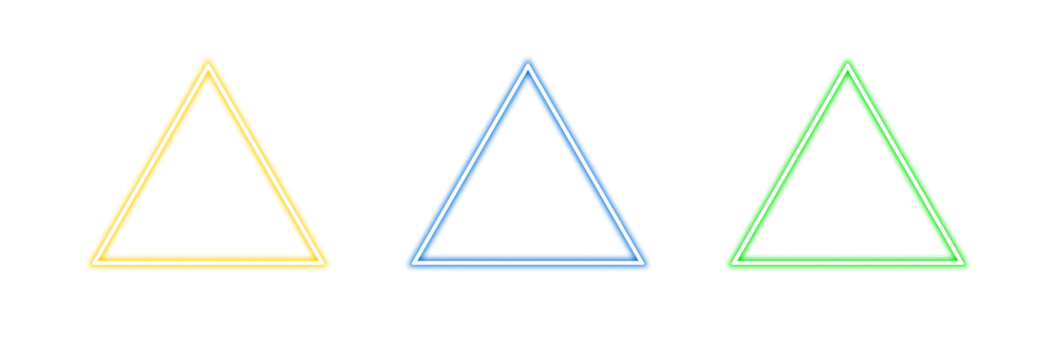 Sleek Blue, Green, Yellow Neon Triangle, Vivid glowing neon border isolated on transparent background. Shine glow light electric neon sign frame. Banner, Mockup, presentation, Design element, PNG