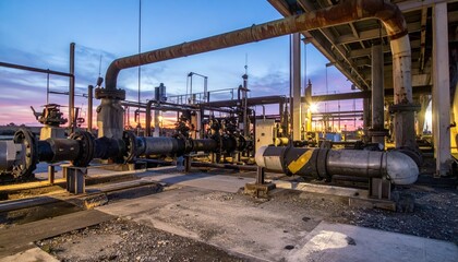 Industrial Pipelines and Equipment at Dusk in Oil Refinery Setting