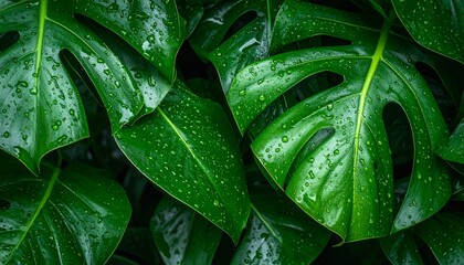 Top down view of tropical leaves gently hit by raindrops, shiny wet texture, rich green color, relaxing and fresh jungle atmosphere, nature background.