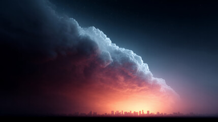 Fototapeta premium A massive storm cloud looms over a city skyline illuminated by a dramatic sunset or sunrise.