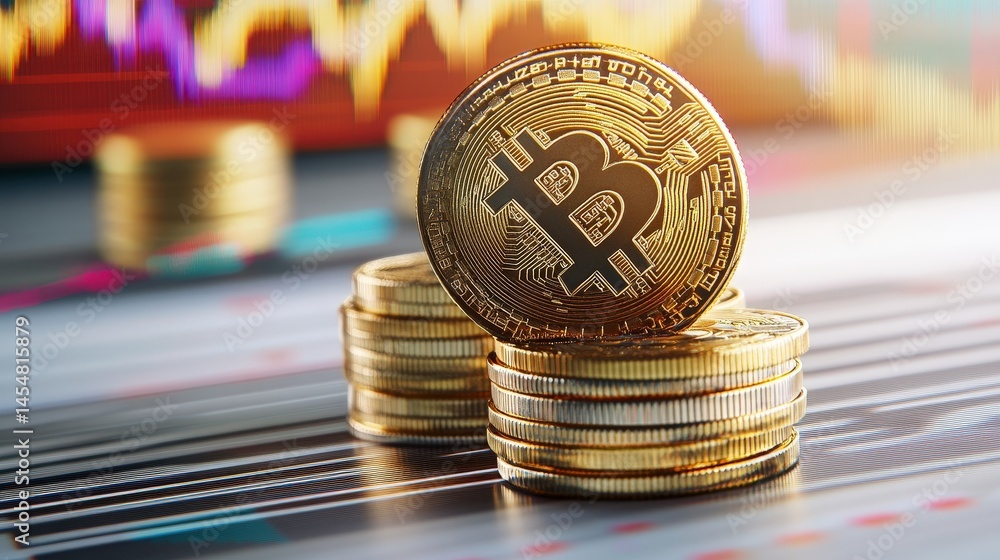 Poster shiny bitcoin coins stacked on a colorful chart background