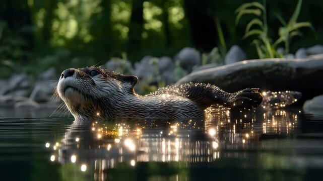 Playful sea otter swimming gracefully in clear blue water under bright sunlight and waves