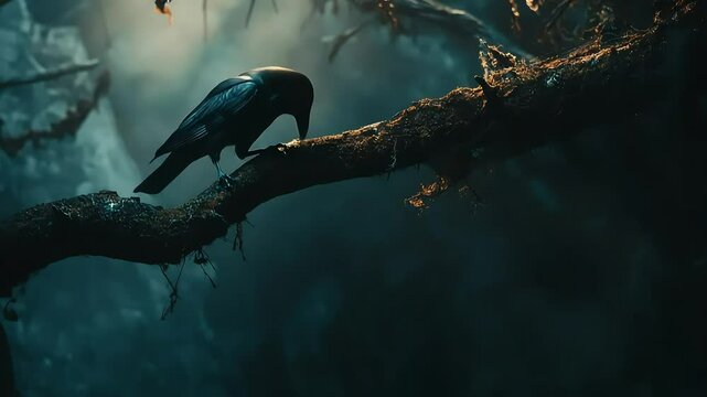 A solitary crow perched on a moss-covered branch in a misty forest, evoking a sense of mystery
