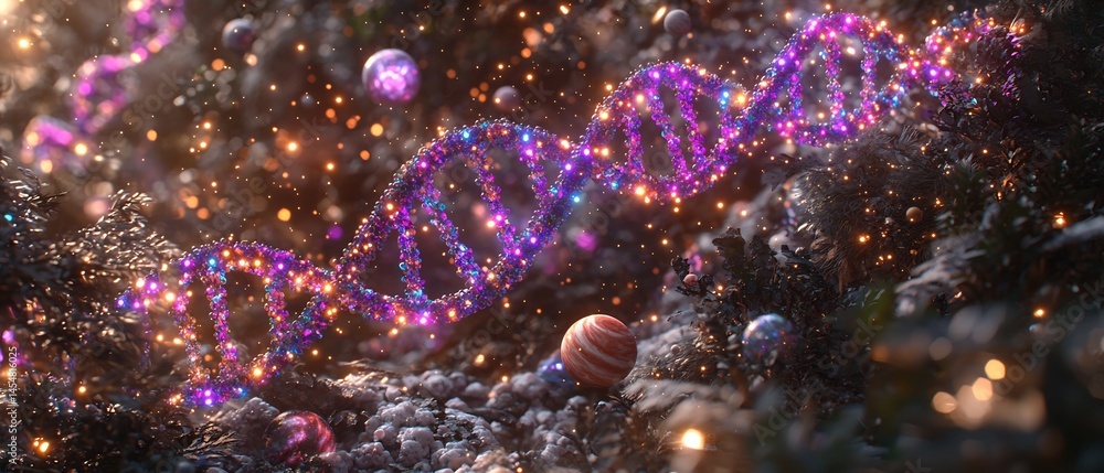 Wall mural surreal visualization of dna strands merging into a galaxy with glowing genetic helixes spiraling an