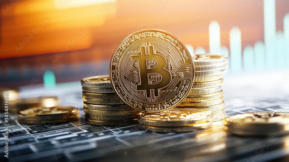 Poster shiny bitcoin coins stacked on a digital background with green graphs