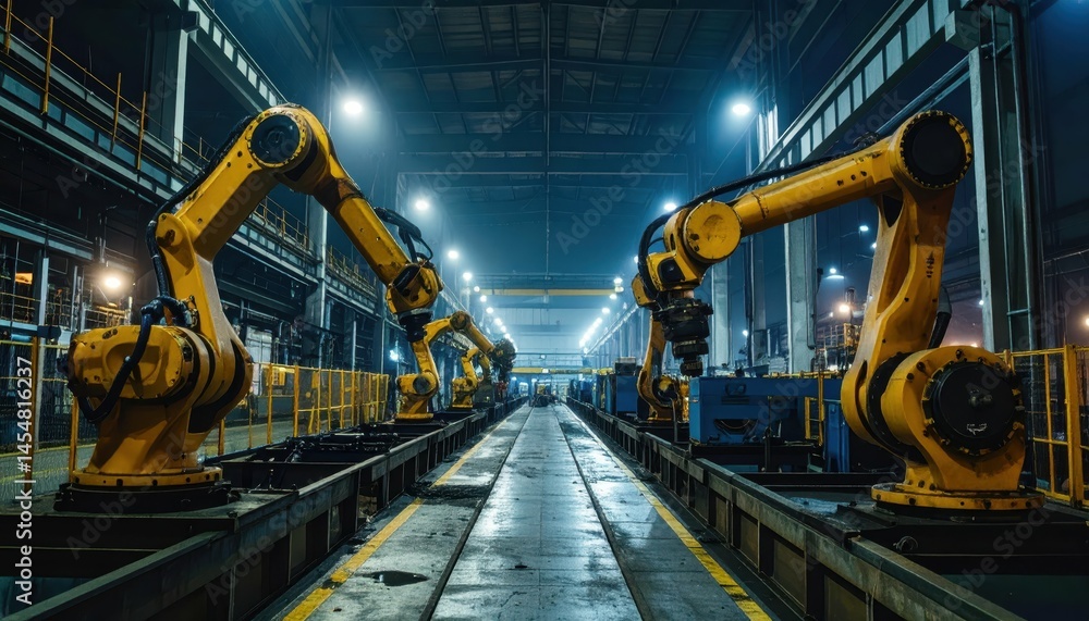 Poster industrial automation with robotic arms in high-tech factory environment