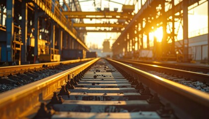Fototapeta premium Sunset Over Tracks in Industrial Setting with Cranes and Equipment