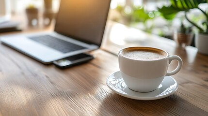 Coffee cup with a blank picture frame on a contemporary modern workspace desk