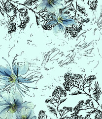 Watercolor art pattern, background with a floral pattern. tansy, immortelle, burdock. Vintage drawing for card, postcard, invitation.Helichrysum arenarium.poppy.chamomile. A whirlwind of wind, a blur.