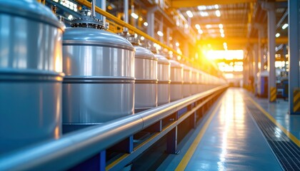 Obraz premium Industrial Manufacturing Process with Silver Tanks in Factory Setting
