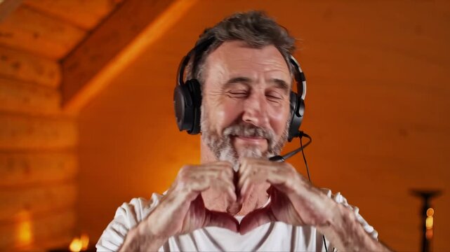 Smiling senior man wearing headset making heart gesture with hands in cozy wooden cabin