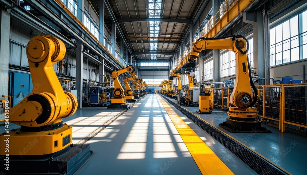 Poster robotics in industrial automation with yellow robotic arms