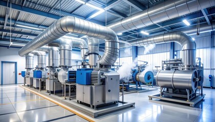 Fototapeta premium Industrial Machinery with Pipes and Equipment in Modern Manufacturing Facility