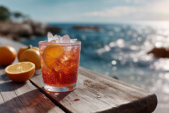 refreshing aperol cocktail with orange and ice on a rustic wooden table by the beach, sunny day, ocean in the background, tropical summer vibes