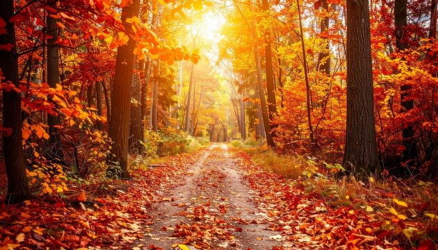 Fototapeta Autumn forest path covered with orange and red leaves, tall trees on both sides, golden light filtering through, peaceful and comfortable natural background, realistic and detailed