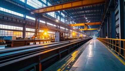 Obraz premium Inside a Modern Industrial Warehouse with Cranes and Steel Beams