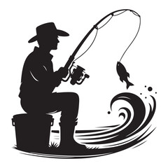 Fisherman Silhouette Catching Fish Vector Illustration for Outdoors