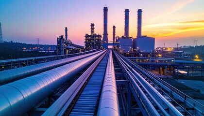 Fototapeta premium Industrial Landscape with Pipelines and Power Plant at Sunset