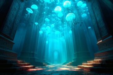 Naklejka premium Submerged temple with glowing jellyfish