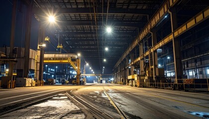 Obraz premium Industrial Warehouse Interior at Night with Bright Lighting Effects