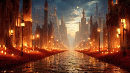 Fototapeta premium A dreamy street scene with buildings lining the street in the evening. Street lights create a captivating atmosphere.