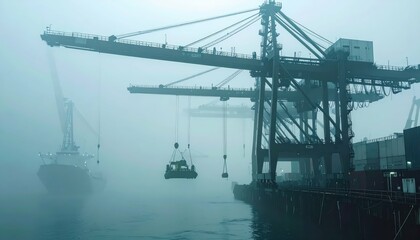 Fototapeta premium Foggy Harbor with Cranes and Ships at Morning Light in the Atlantic