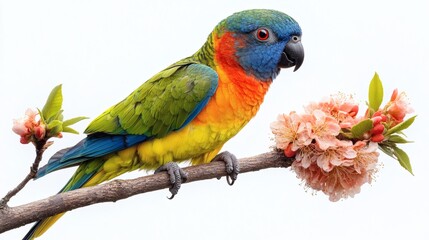 Fototapeta premium Spectacular colorful parrot displaying vibrant plumage, perched upon flowering branch, spring blossoms, avian wildlife, studio shot on a transparent background, PNG image, PNG file.