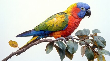Obraz premium Colorful parrot perches gracefully on a branch, vibrant plumage showcased in vivid detail, bird gazing left in profile on a transparent background, PNG image, PNG file.