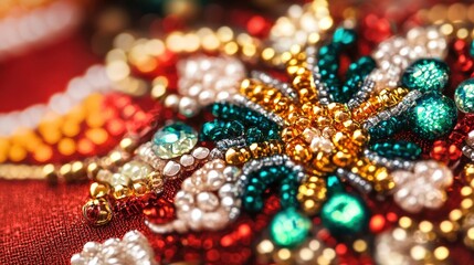 Close-up beaded embroidery design on rich fabric.