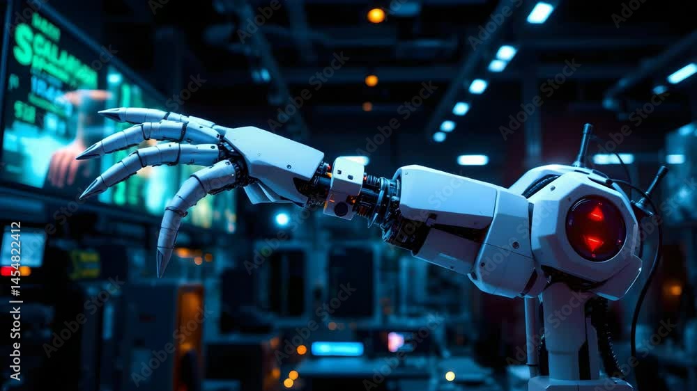 Poster futuristic robot holding remote control device and illuminated red light in high-tech setting