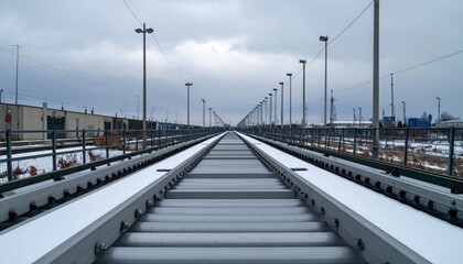 Obraz premium Rail Tracks Leading Into Distance Under Cloudy Sky in Winter