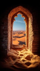 Window frame opening onto arid desert landscape with sand dunes under clear blue sky, travel and adventure concept, mysterious and warm light.