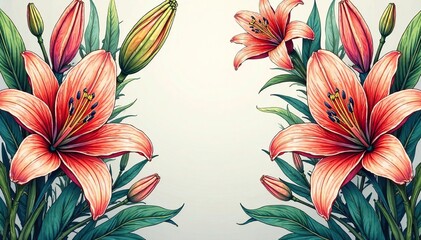 Intricate line art blooming lilies & buds, repeating floral motif, bud pattern, black and white pattern, lily pattern