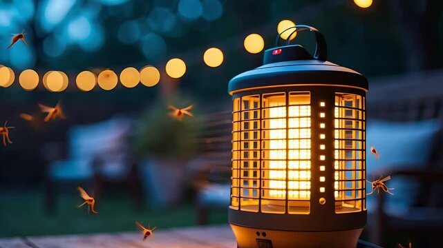 Electric mosquito trap glowing at dusk on outdoor wooden table with flying insects and bokeh garden lights in a cozy backyard evening setting

