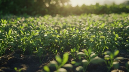 A mid-range shot of a field of peanut plants swaying gently in the breeze. The peanut plants are a uniform green, with the stalks bending gracefully in the wind. The sun casts long shadows the field