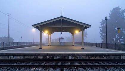 Foggy Train Station Platform with Dim Lights at Dawn in Misty Atmosphere