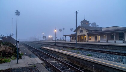 Fototapeta premium Foggy Train Station at Dusk Surrounded by Palm Trees and Silence