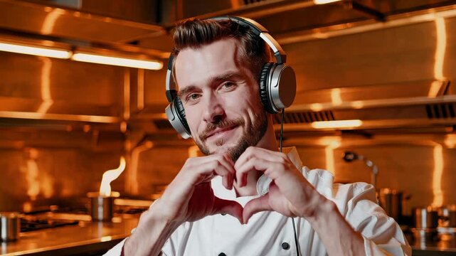 Smiling male chef wearing headphones making heart gesture with hands in professional kitchen