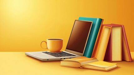 Naklejka premium a laptop, books and coffee cup on a yellow background with copy space for a text web banner design template for online education or digital learning concepts.