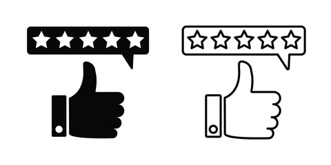 Thumb up with five stars line icons set, representing a high rating or positive feedback.  Perfect for review,