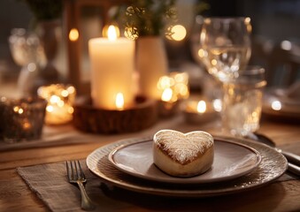 Romantic candlelit dinner with heart-shaped dessert.
