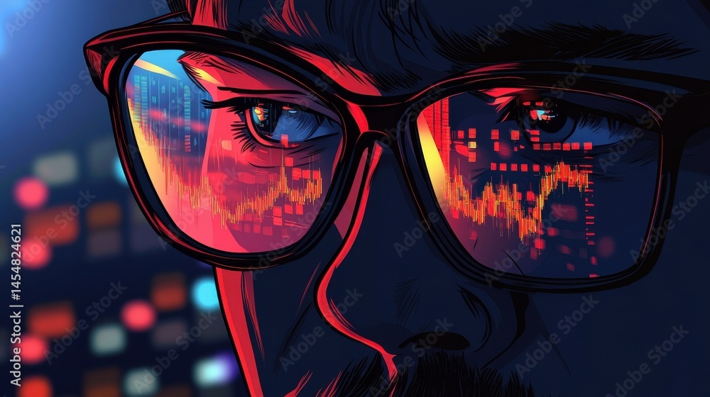 Poster focused crypto trader analyst wearing eyeglasses working looking at computer screen reflecting in gl