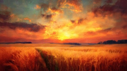 Fototapeta premium A breathtaking sunset over a field of golden wheat, painting the sky with vibrant hues. The sky is full of beautiful clouds that create the stunning scenery