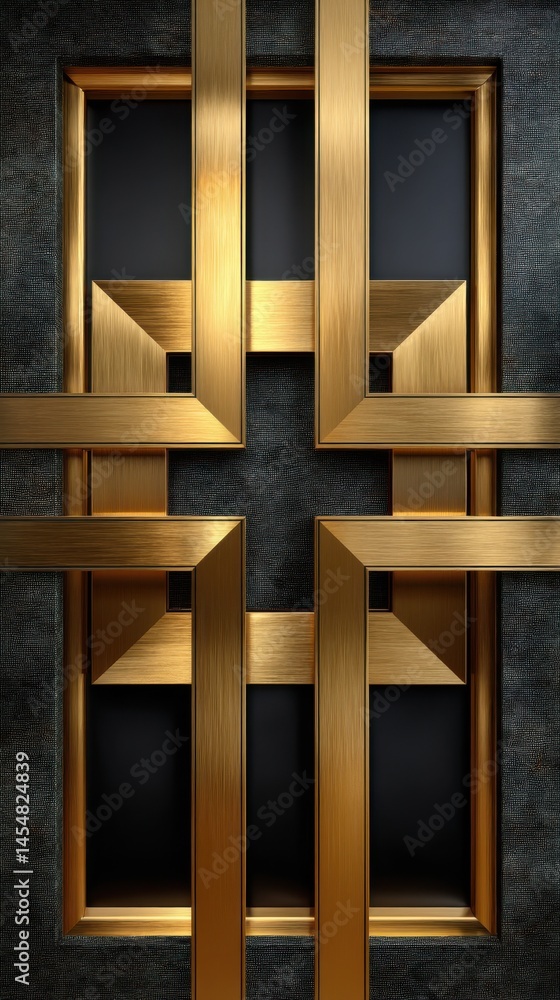 Poster abstract art deco style background featuring geometric golden frames and textured dark gray backdrop